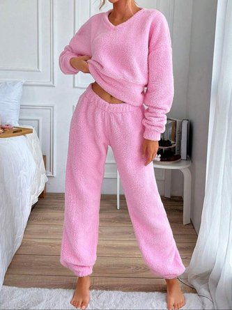 Regular Fit Casual V Neck Plain Pajama Set