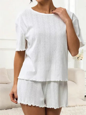 Plain Cotton Crew Neck Short Sleeve Top With Shotrs Casual Pajama Set