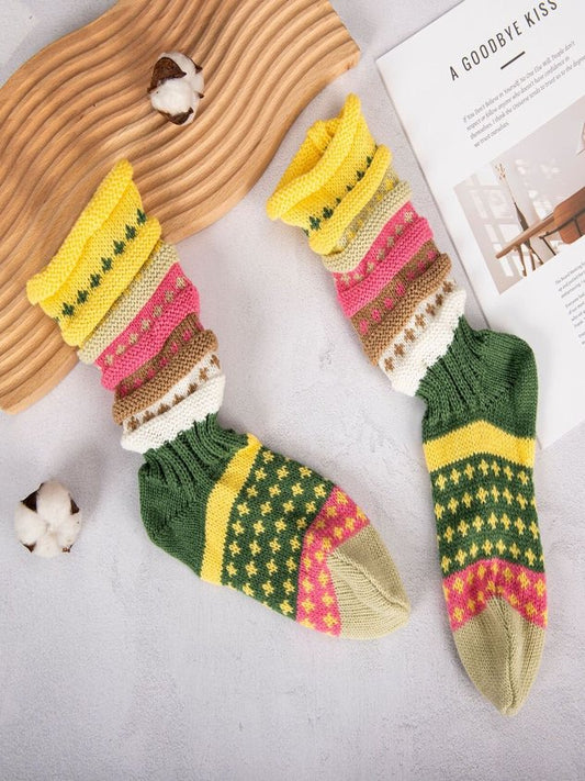 Women's Colorful Striped Slouch Socks Warm Color-blocked Star-patterned Wool Floor Ethnic Style Mid-calf Socks