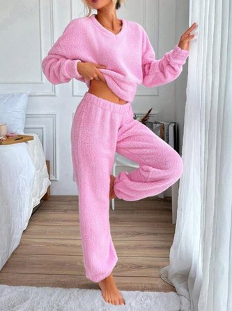 Regular Fit Casual V Neck Plain Pajama Set