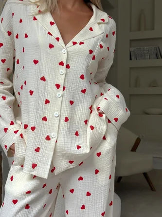 Heart Print Long Sleeve shirt and Pants Casual Pajama Set